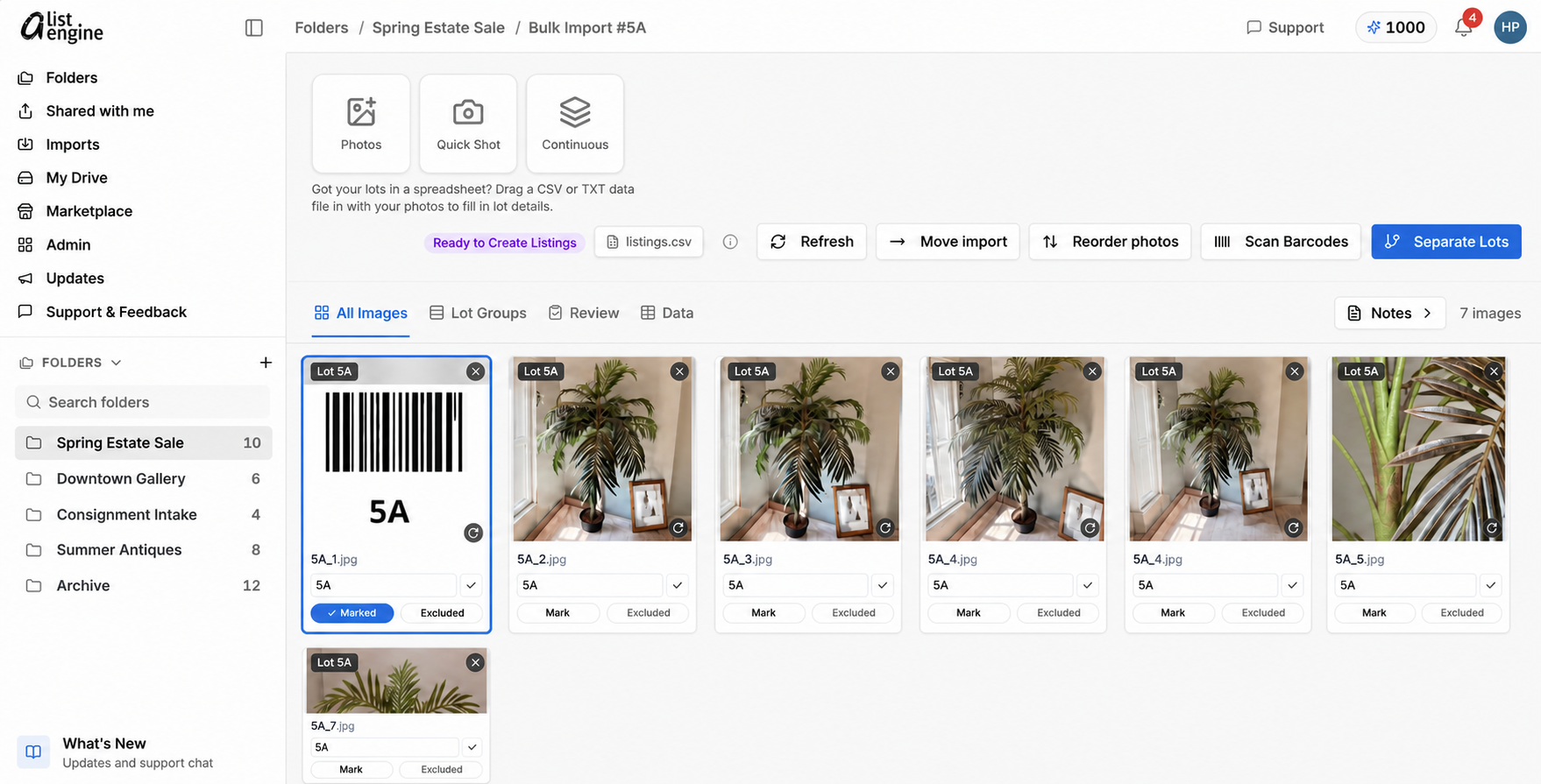aListEngine Bulk Import interface using fictional Harbor & Pine Auctions sample data for the Spring Estate Sale, with artificial palm photos assigned to Lot 5A, a marked barcode boundary, and the Separate Lots action.