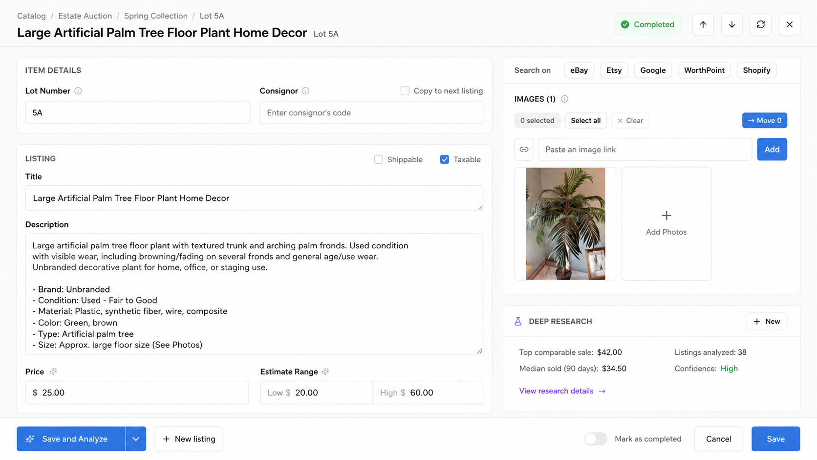 aListEngine product interface illustration using fictional sample data for a completed artificial palm listing with description, condition details, pricing, estimate range, and source photo.