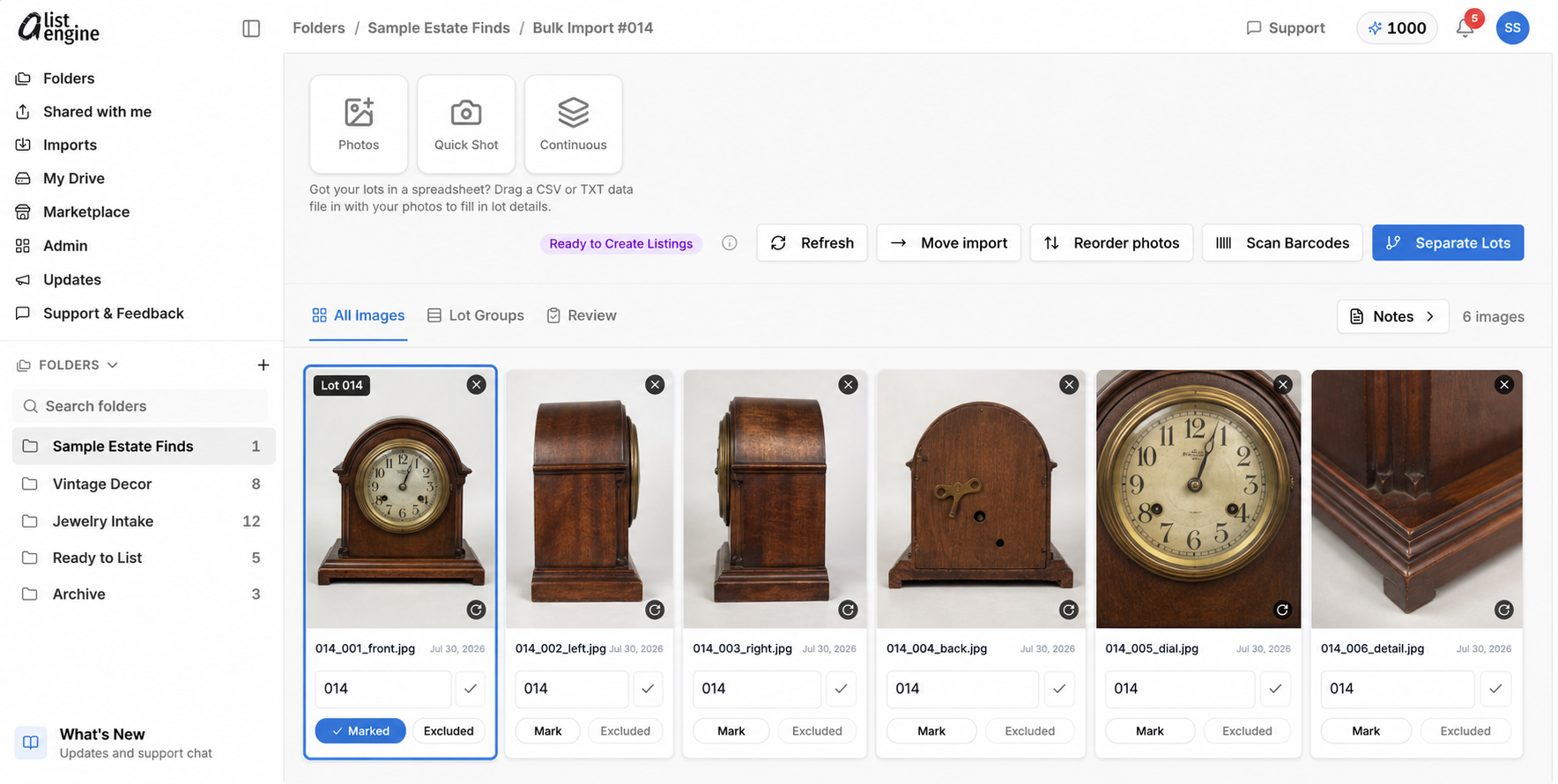 aListEngine Bulk Import interface using fictional Sample Estate Finds data, with six vintage walnut mantel clock photos grouped consistently as Lot 014 and the Separate Lots action.