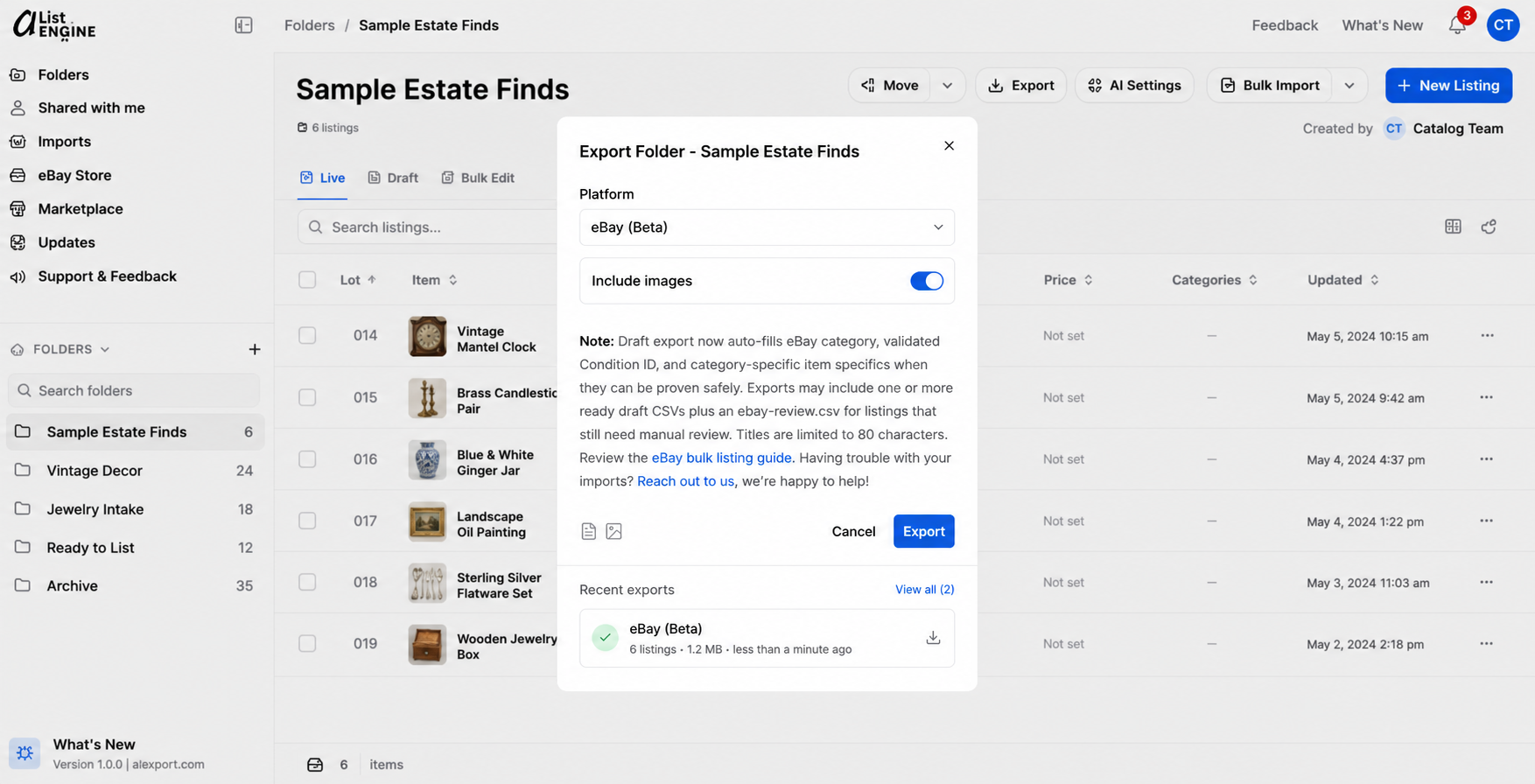 aListEngine Export Folder dialog using fictional Sample Estate Finds data, with eBay Beta selected, image inclusion enabled, beta limitations explained, and a completed recent export.