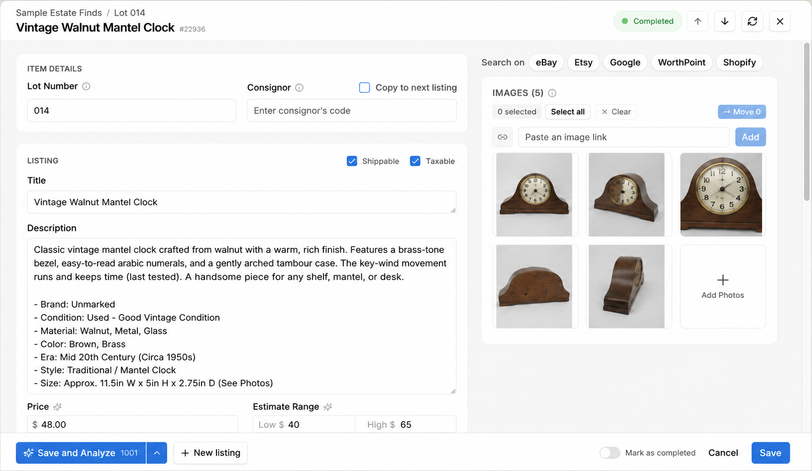aListEngine listing editor showing a fictional vintage mantel clock draft with editable title, description, condition details, price, estimate range, and item photos.