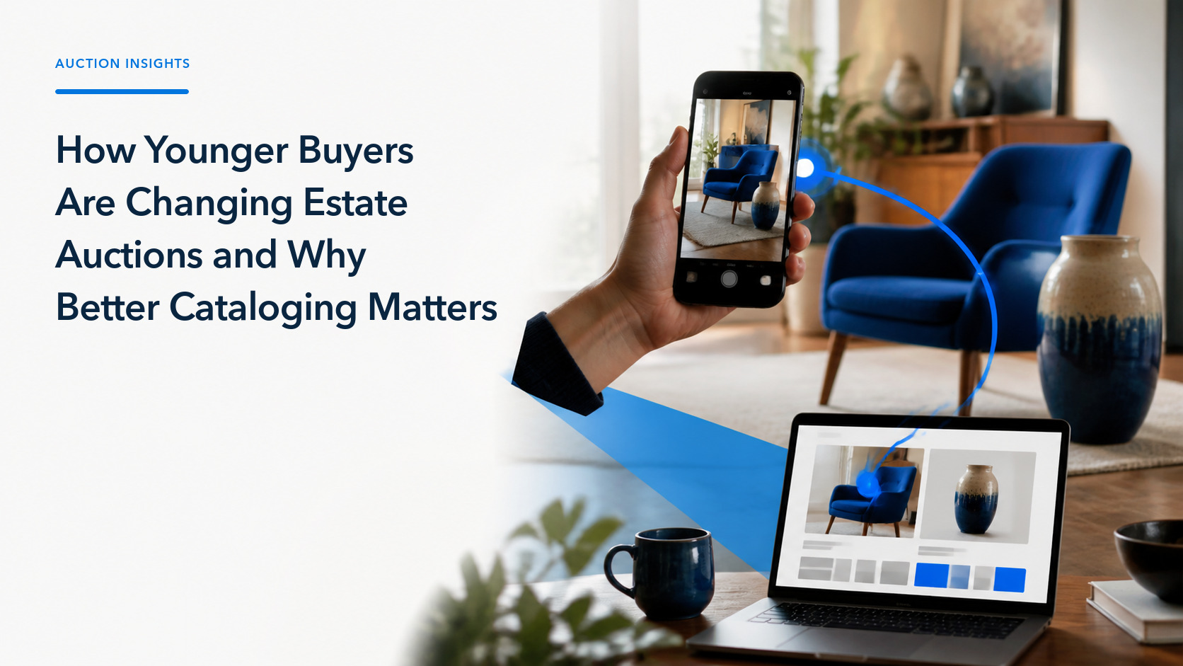 A person photographs a blue mid-century chair on a phone while a catalog review workspace shows the captured items