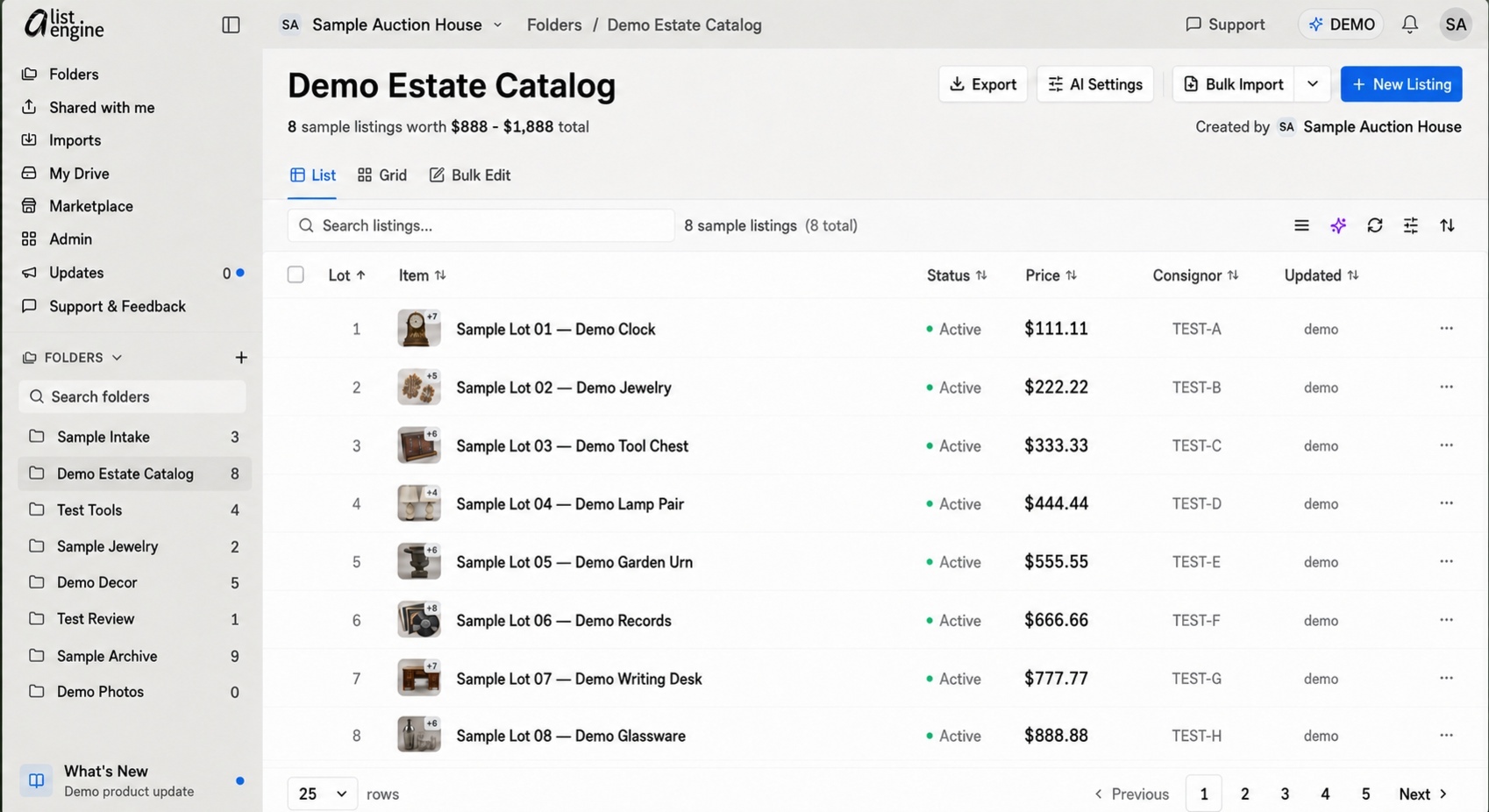 aListEngine Summer Estate Catalog folder using fictional Harbor & Pine Auctions sample data, with lot numbers, prices, and export controls