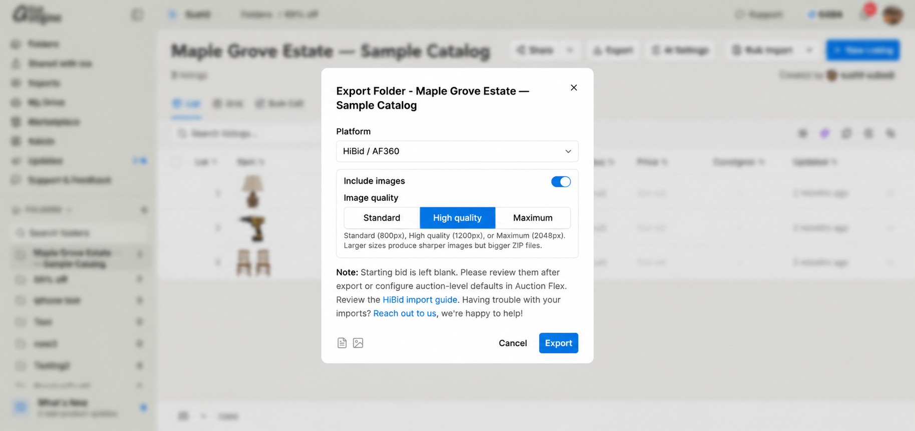 aListEngine export settings for HiBid and AuctionFlex 360.