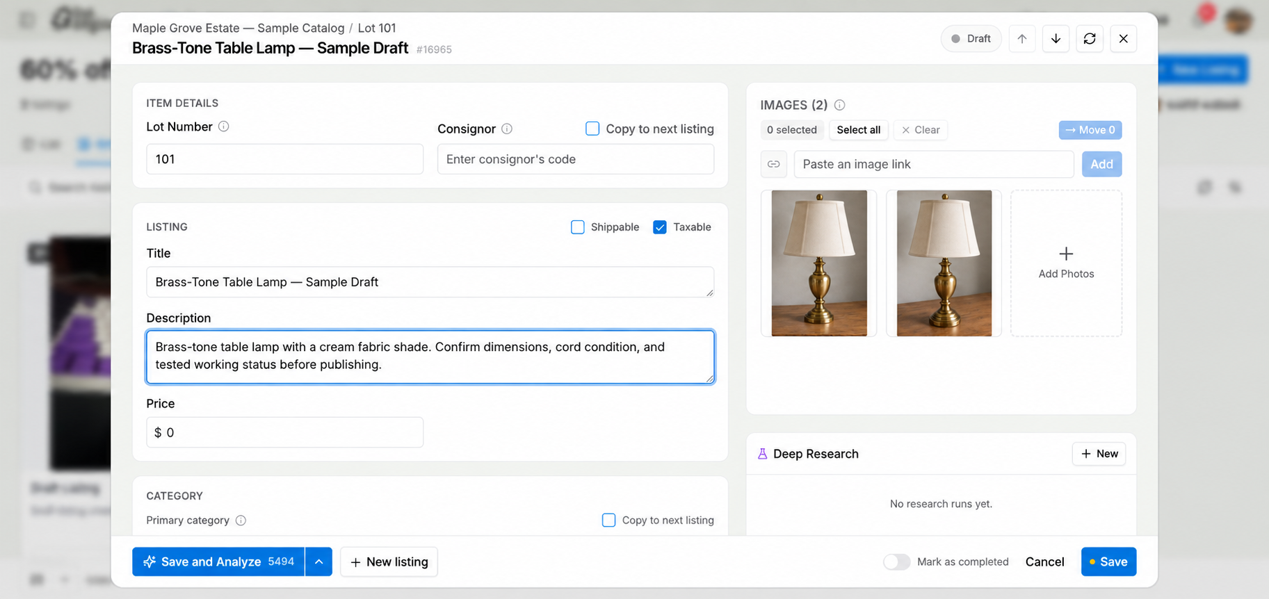 aListEngine listing editor showing sample lamp photos and description.