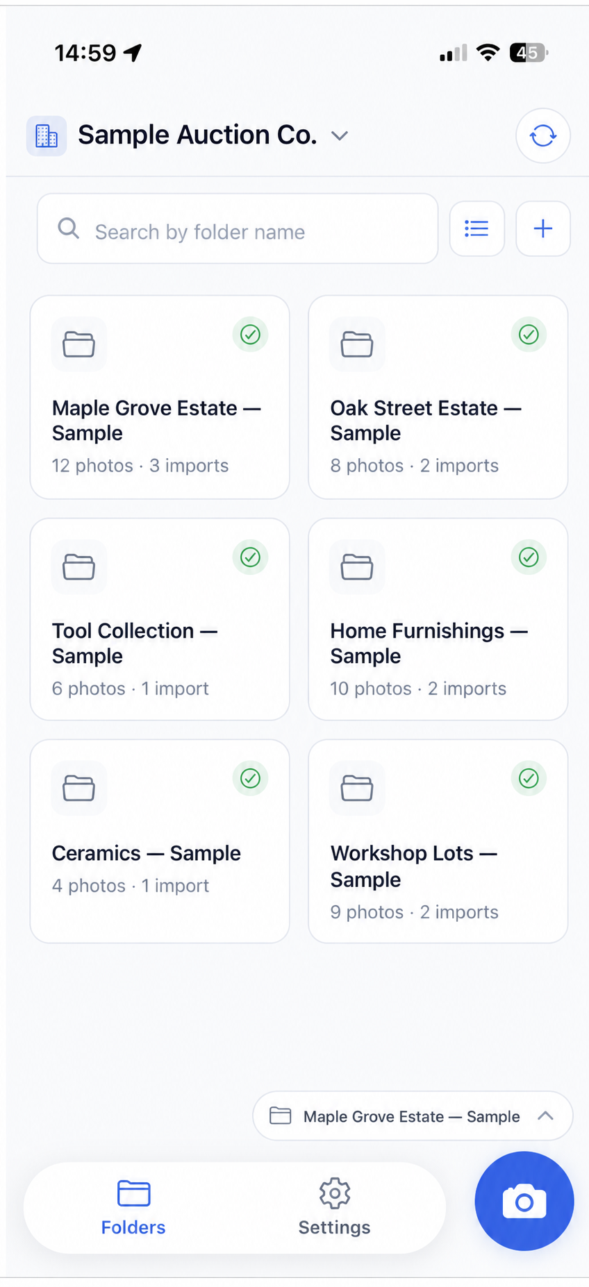 aListEngine mobile folder screen showing sample auction folders.
