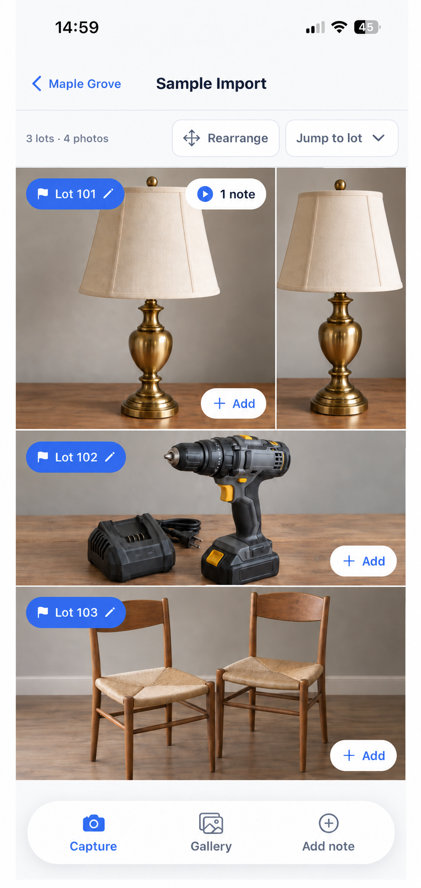 Auction photos grouped into three sample lots in aListEngine.