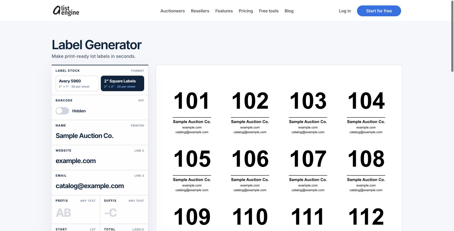 Square auction labels numbered 101 through 120 in the aListEngine label generator.