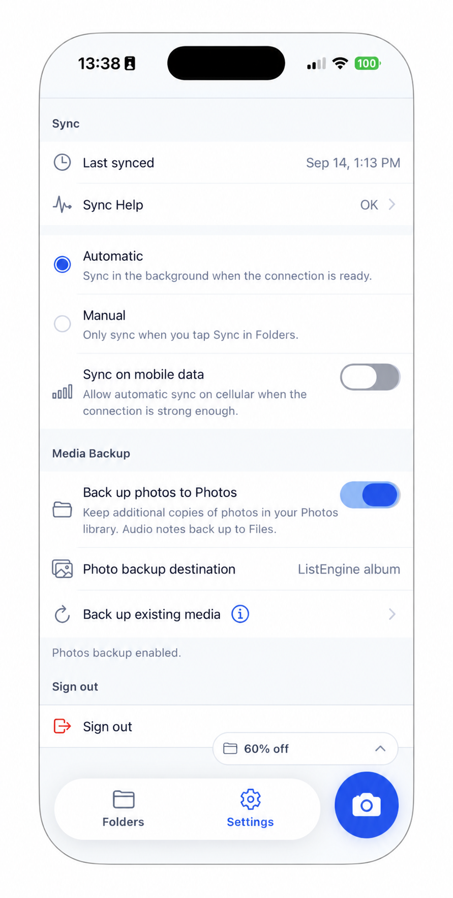 iPhone Media Backup enabled, showing ListEngine album as the photo backup destination and Back up existing media.