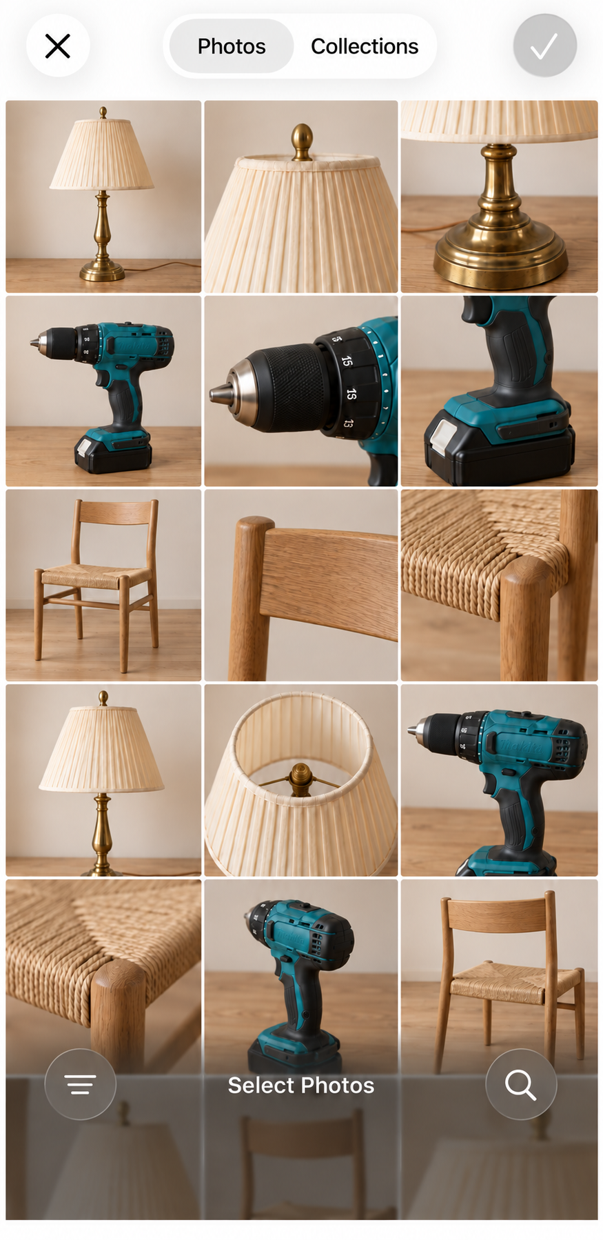 iPhone Photos picker showing sample lamp, drill, and chair photos before selection.