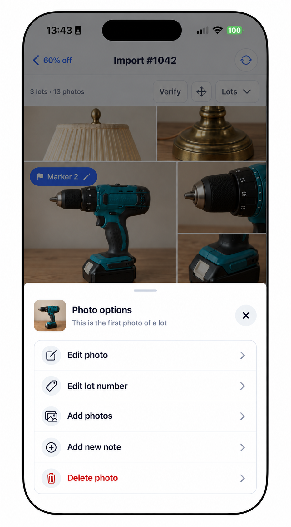 Photo options for Marker 2 with the same lot-marker actions.