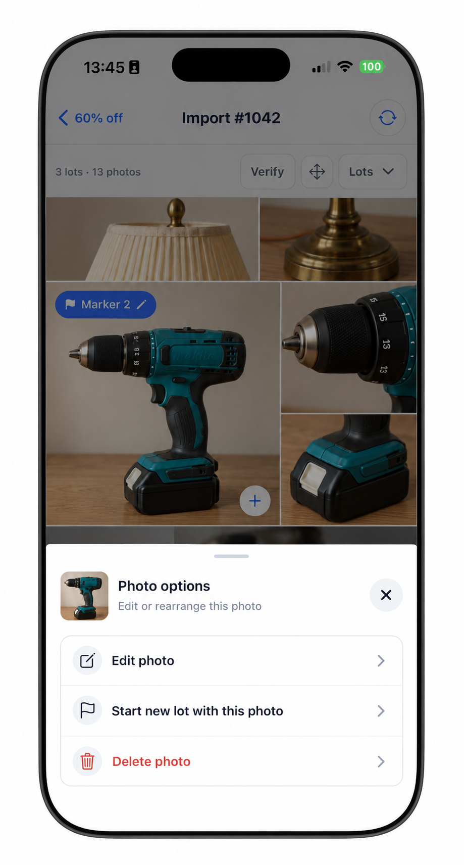 Options for a regular photo: Edit photo, Start new lot with this photo, and Delete photo.