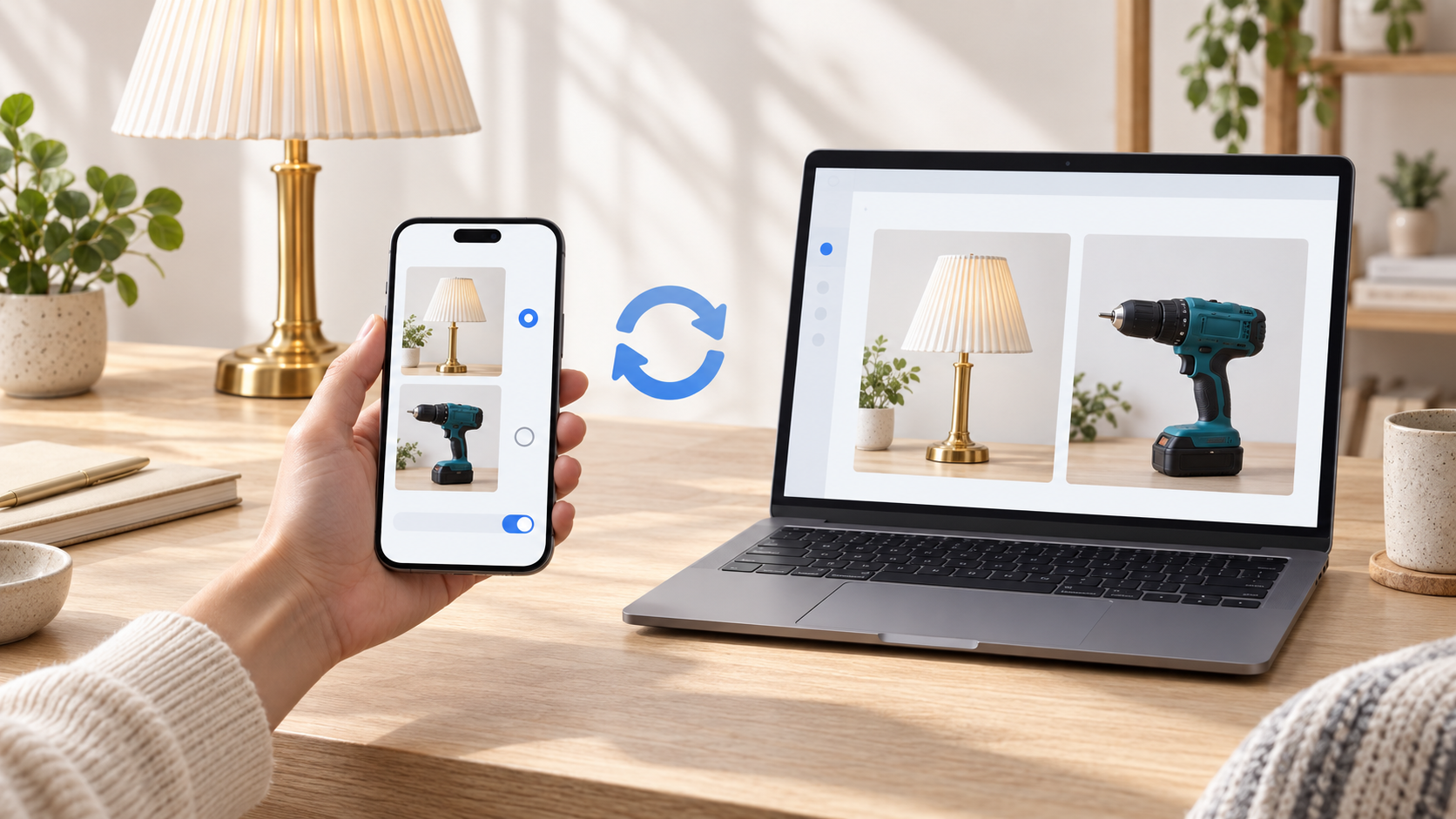 Illustrative cover of choosing sync settings with matching product photos on a phone and laptop.
