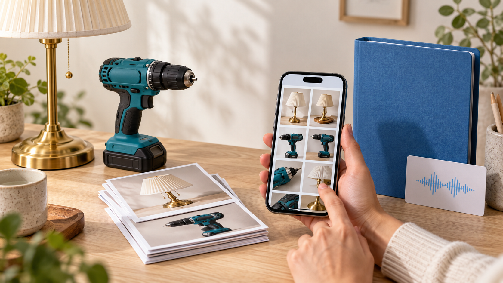 Illustrative cover of a phone gallery, extra photo copies, a blue folder, and an audio waveform.