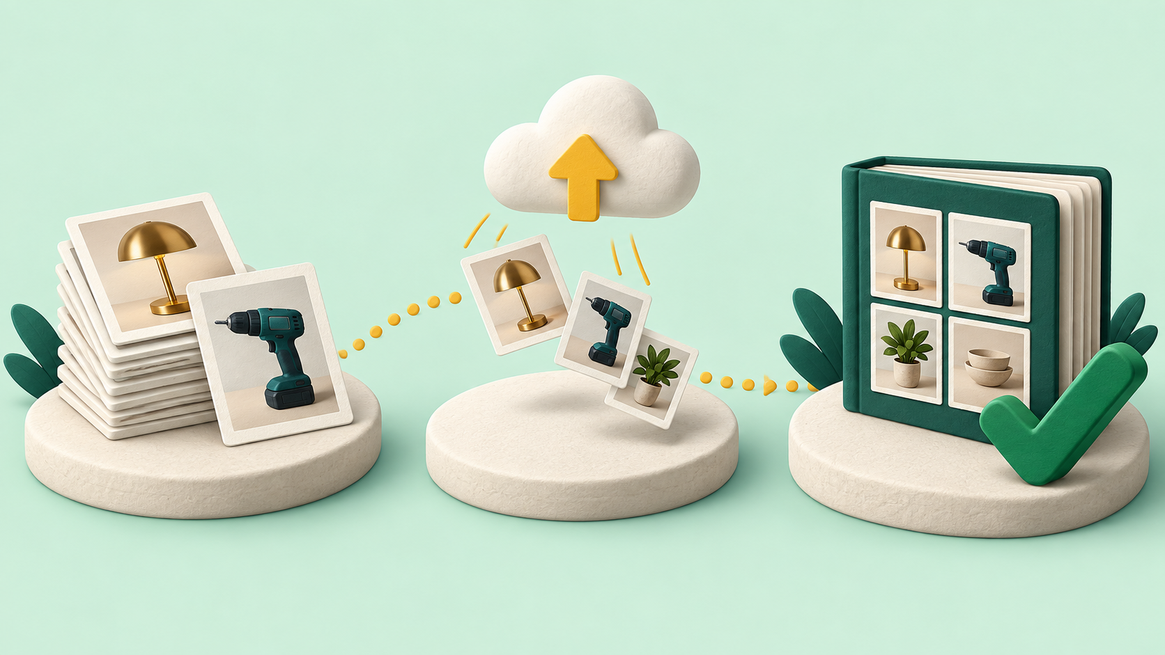 Illustration of photos moving through an upload stage to a completed album with a checkmark.