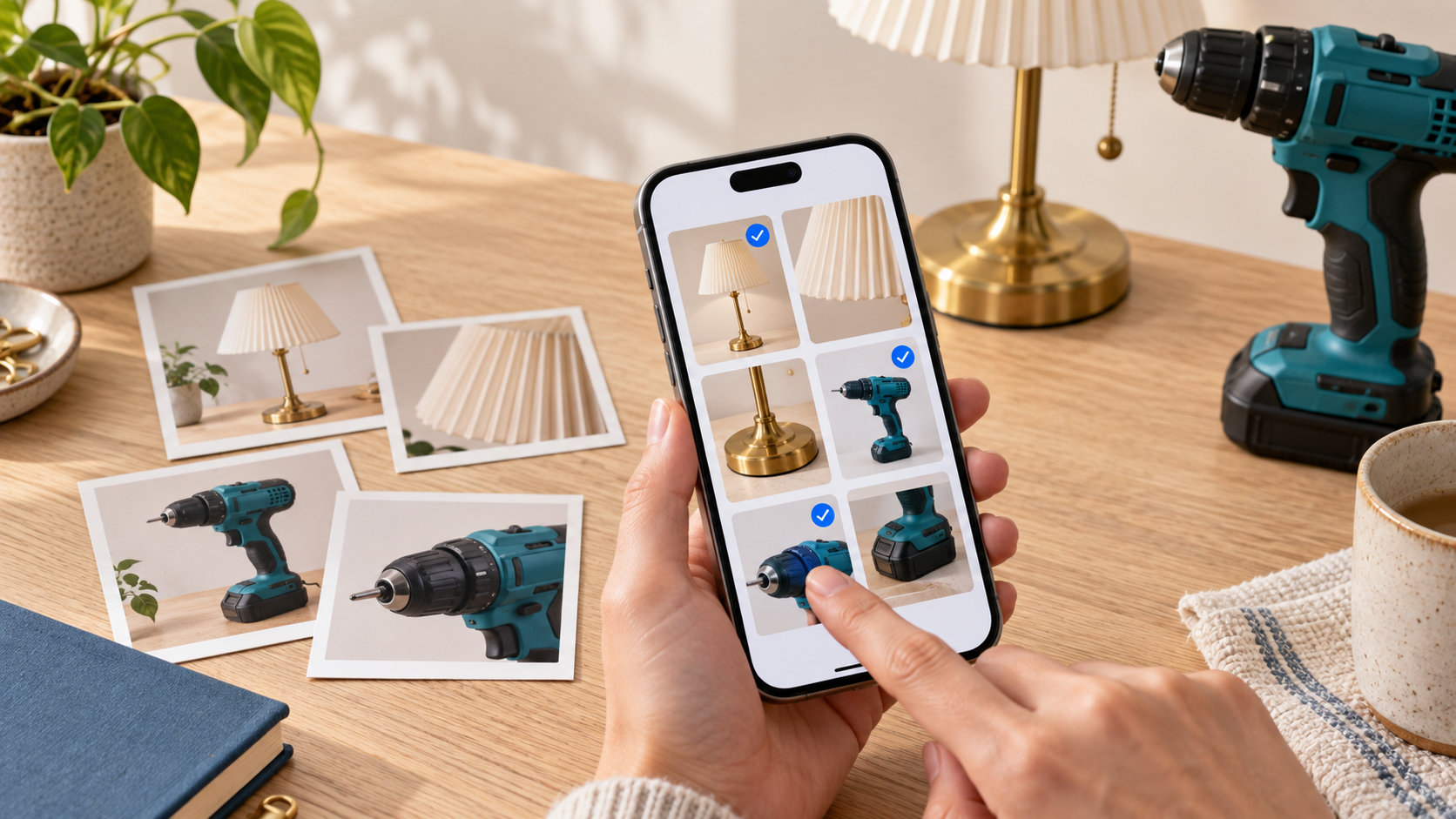 Illustrative cover of selecting lamp and drill photos in a phone gallery.