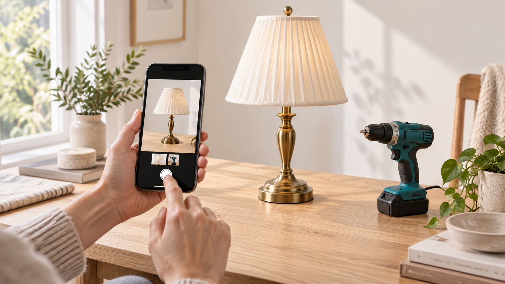 Illustrative cover of photographing a brass lamp with a phone beside a teal drill.