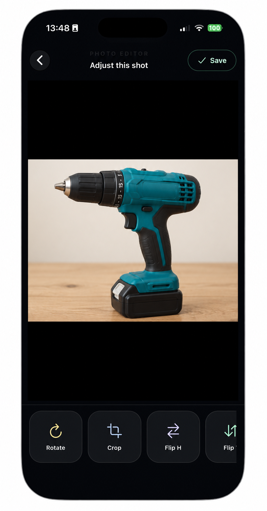 Photo editor with a landscape sample drill image ready to save.