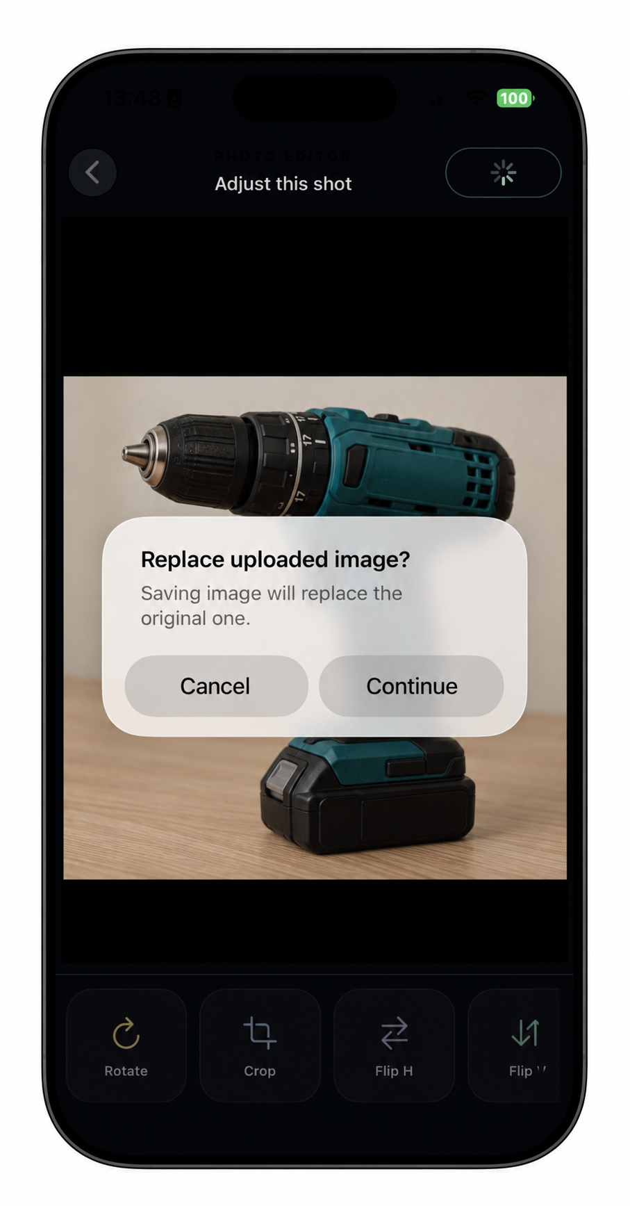 Confirmation that saving will replace the uploaded original, with Cancel and Continue buttons.