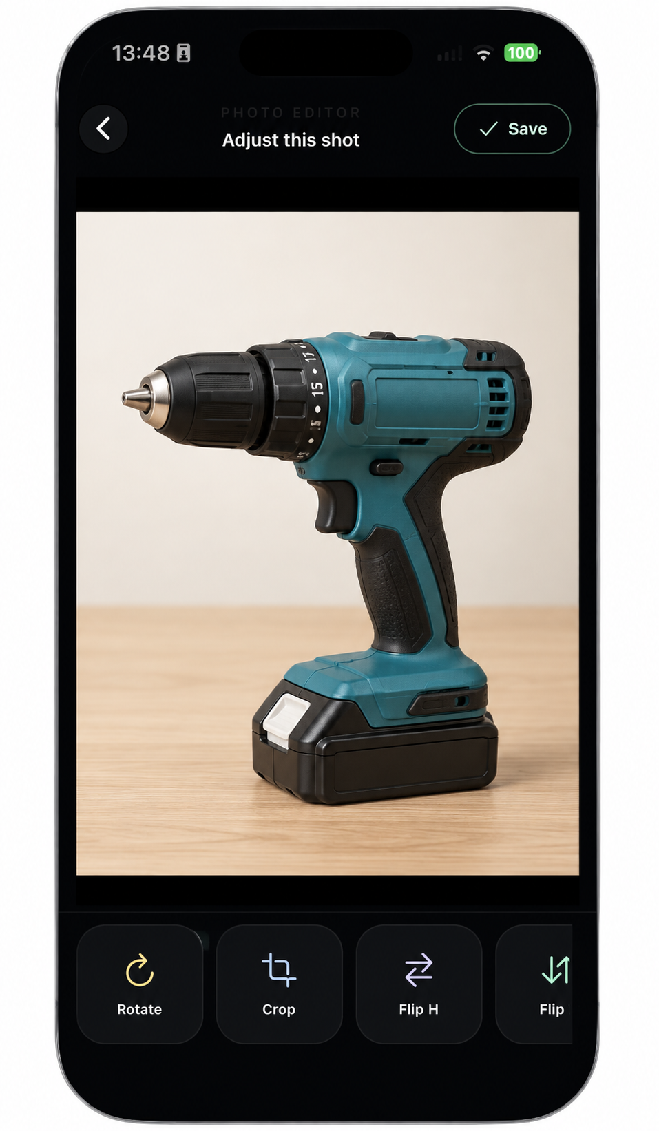 Mobile photo editor showing a sample drill and Rotate, Crop, and Flip controls.