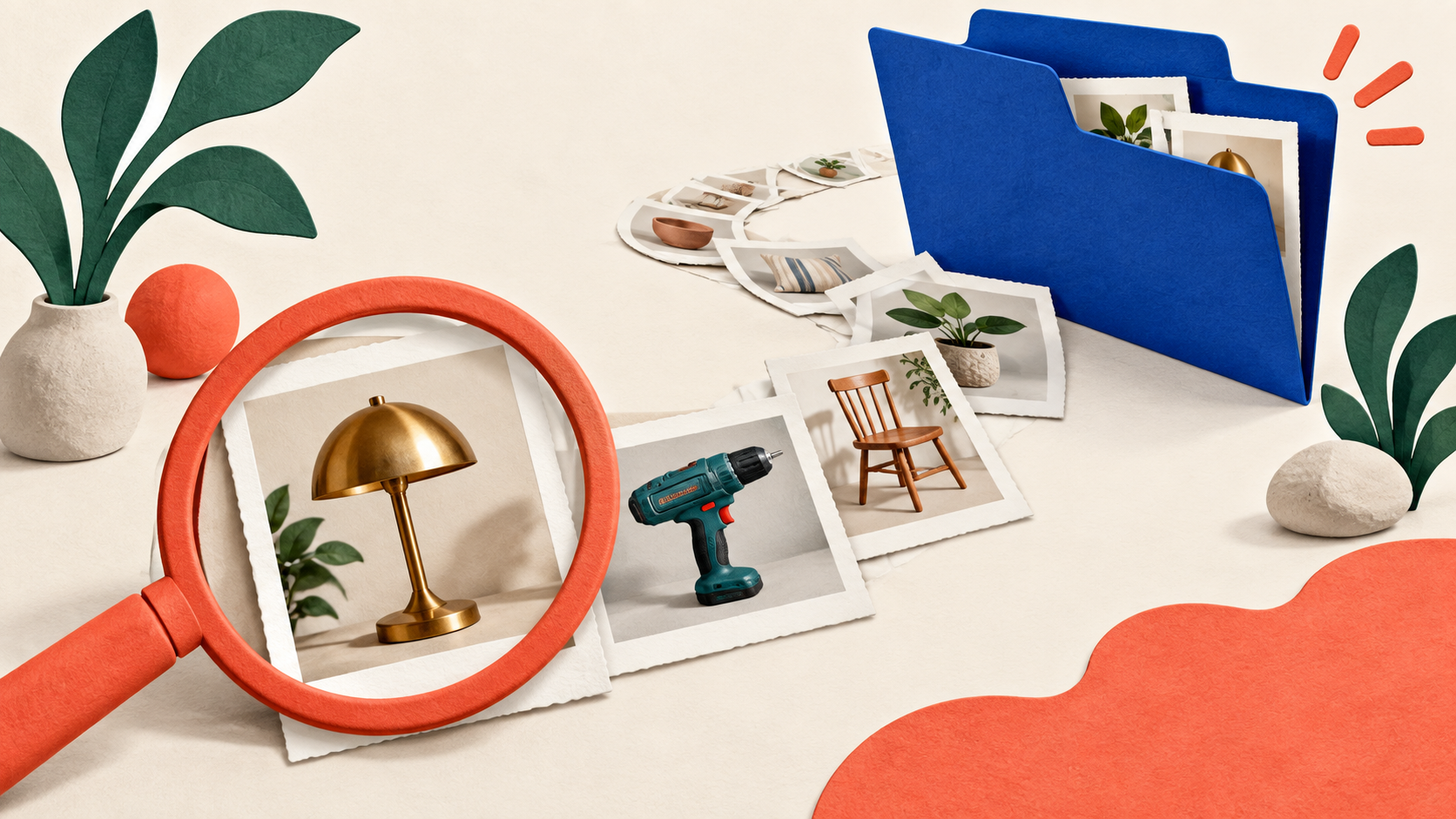 Illustration of a magnifying glass following product photos into a blue folder.