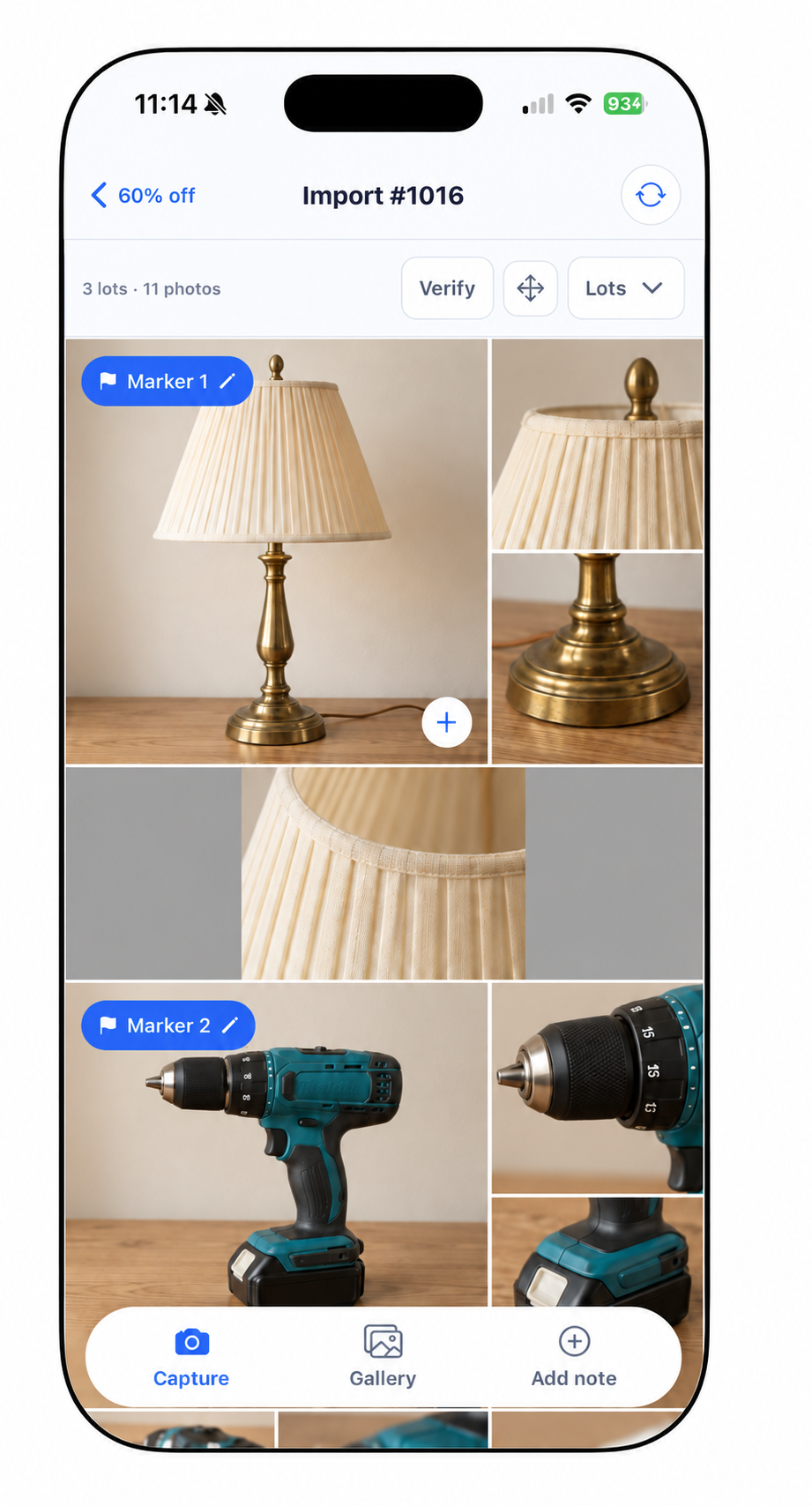Mobile lot groups with sample lamp and drill photos.