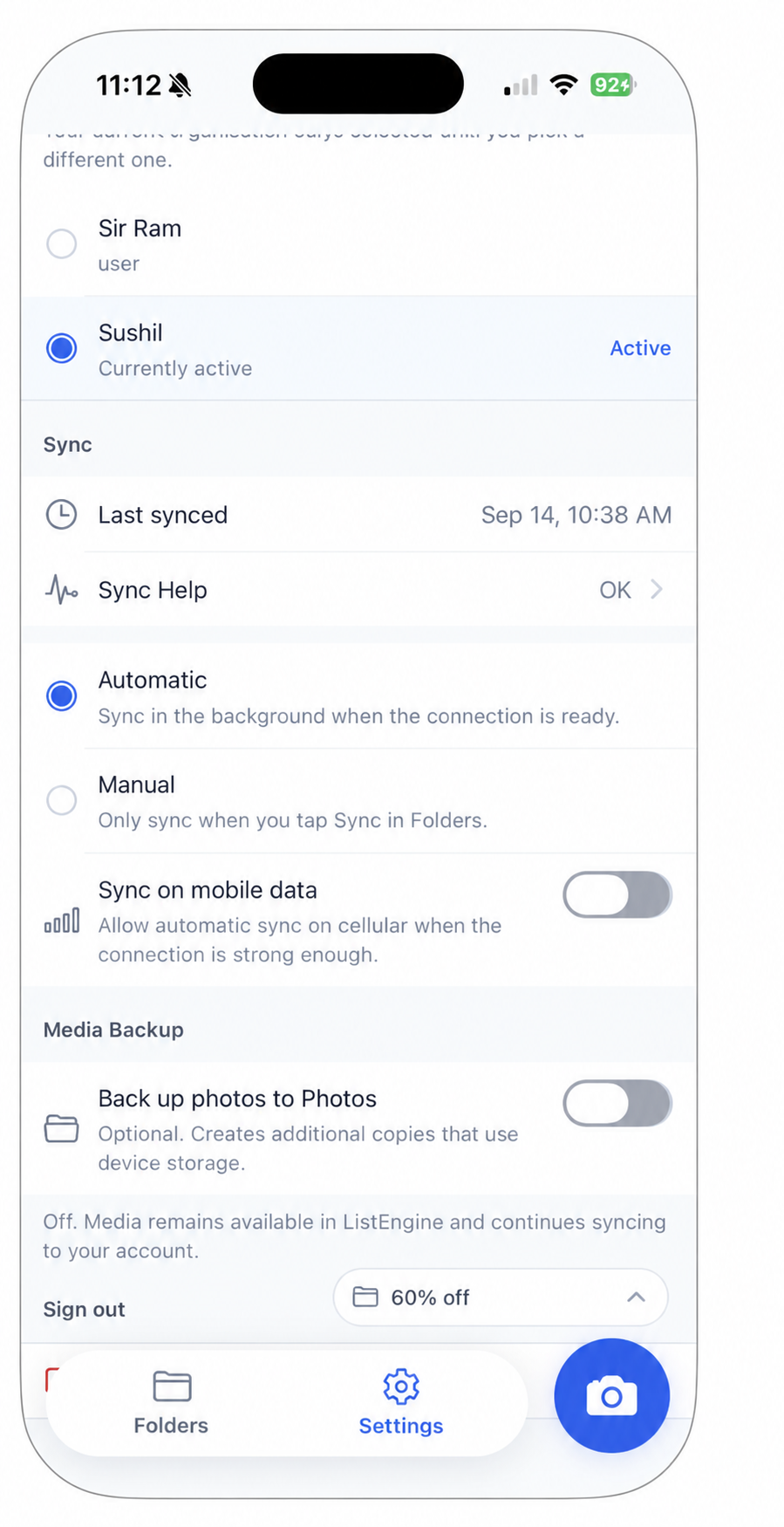 Mobile Settings showing sync controls and the Media Backup section.