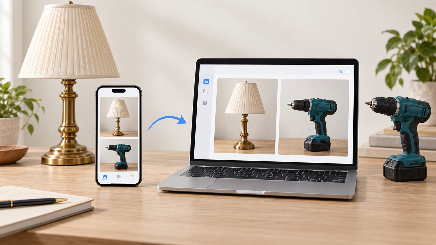 Illustration of matching lamp and drill photos moving from a smartphone to a laptop.