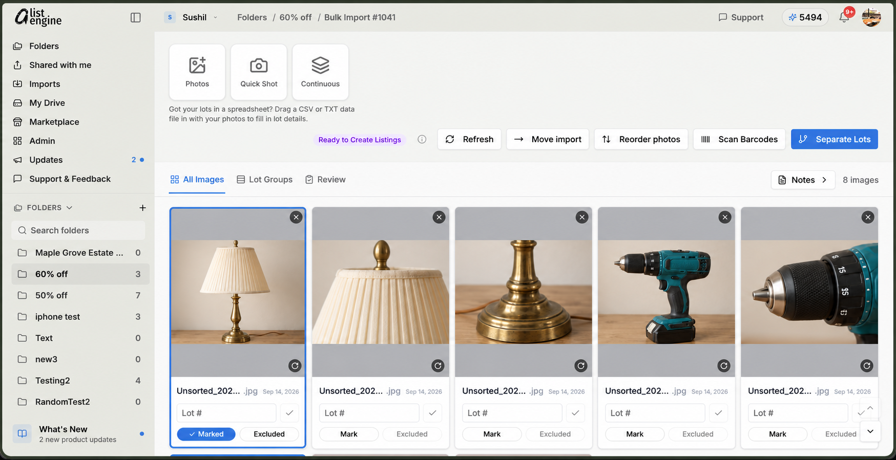 Web Bulk Import showing sample lamp and drill photos and an 8 images count.
