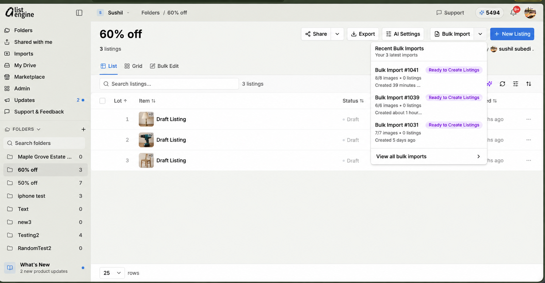 Web folder with the Recent Bulk Imports menu open.