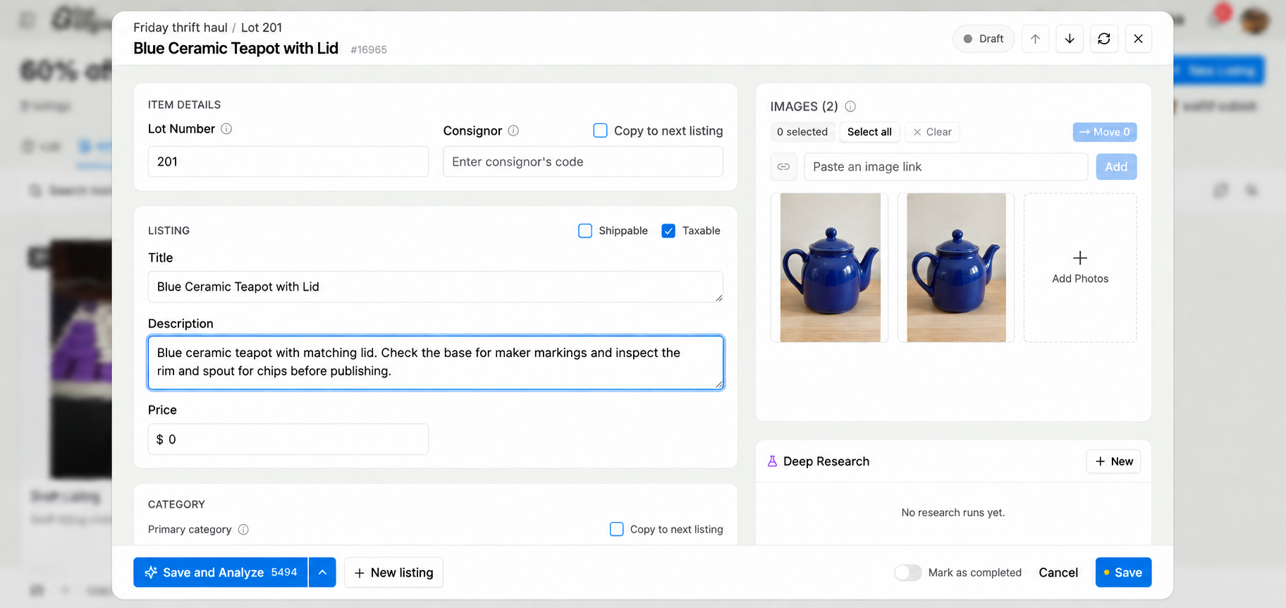 A blue teapot listing reviewed in aListEngine before export to BidWrangler.
