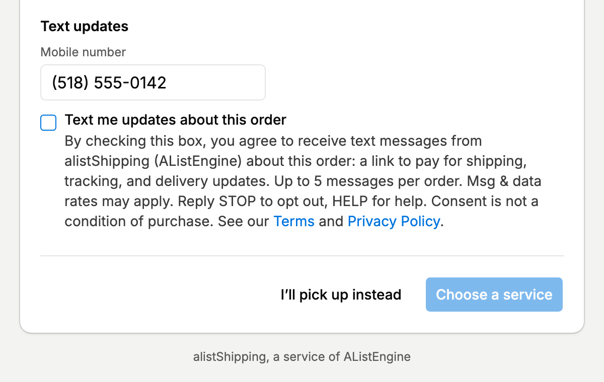 The Text updates section of the checkout page: a Mobile number field, an unchecked checkbox labeled Text me updates about this order, and the disclosure text with links to the Terms and Privacy Policy.