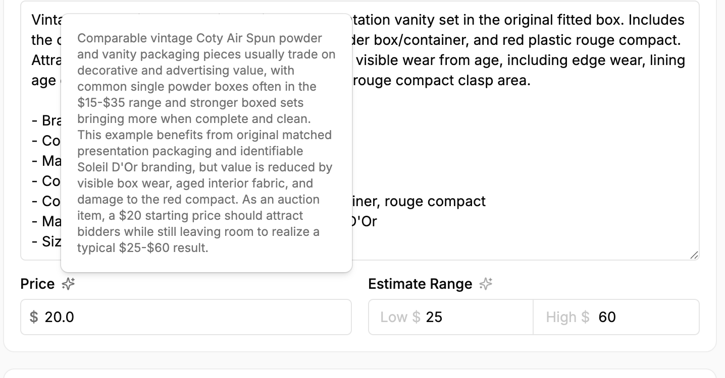 AI Insights explaining comparable context and a suggested price and estimate range for a sample vintage cosmetic set