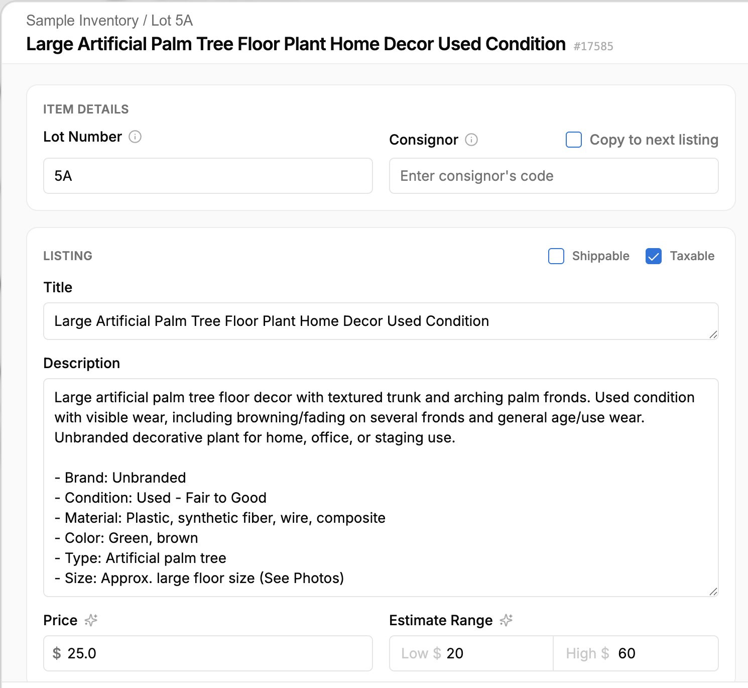 Fictional aListEngine sample listing for Lot 5A with editable title, description, condition details, suggested price, and estimate range