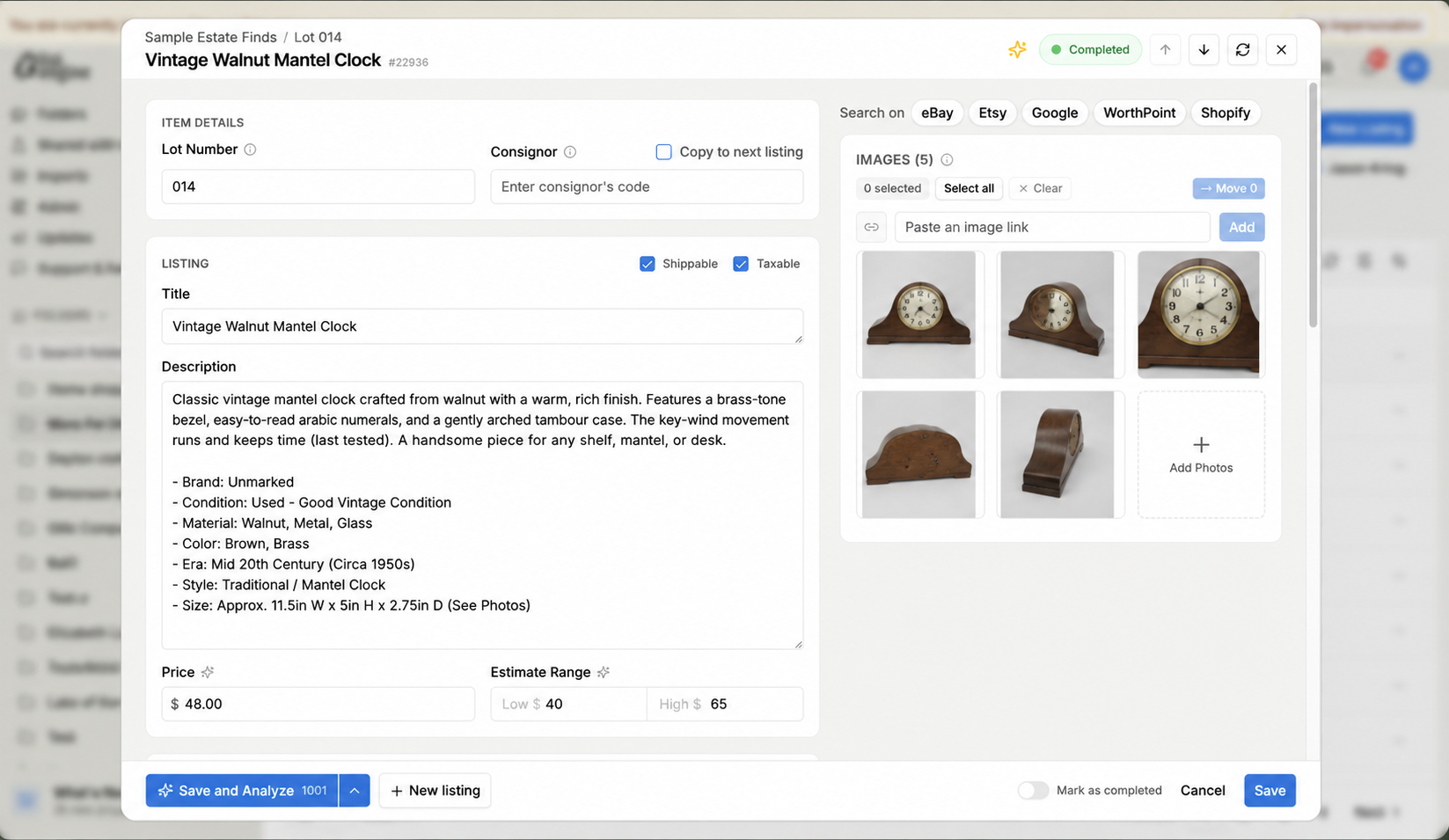 aListEngine listing editor showing the fictional Sample Estate Finds Lot 014 vintage walnut mantel clock draft with editable description, condition, price, estimate range, and photos.