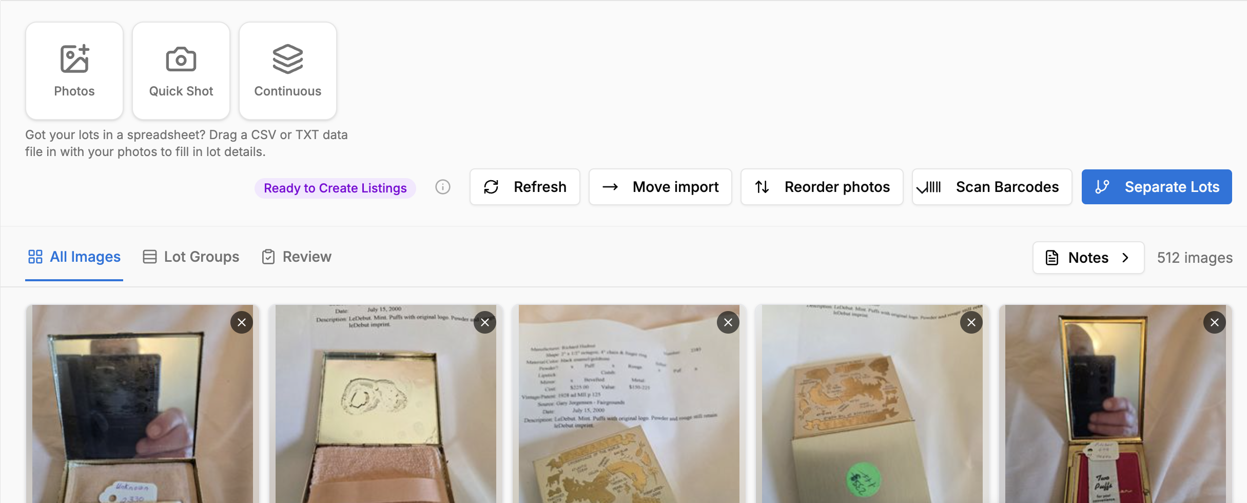 aListEngine bulk import workspace showing 512 sample images with barcode scanning and Separate Lots controls
