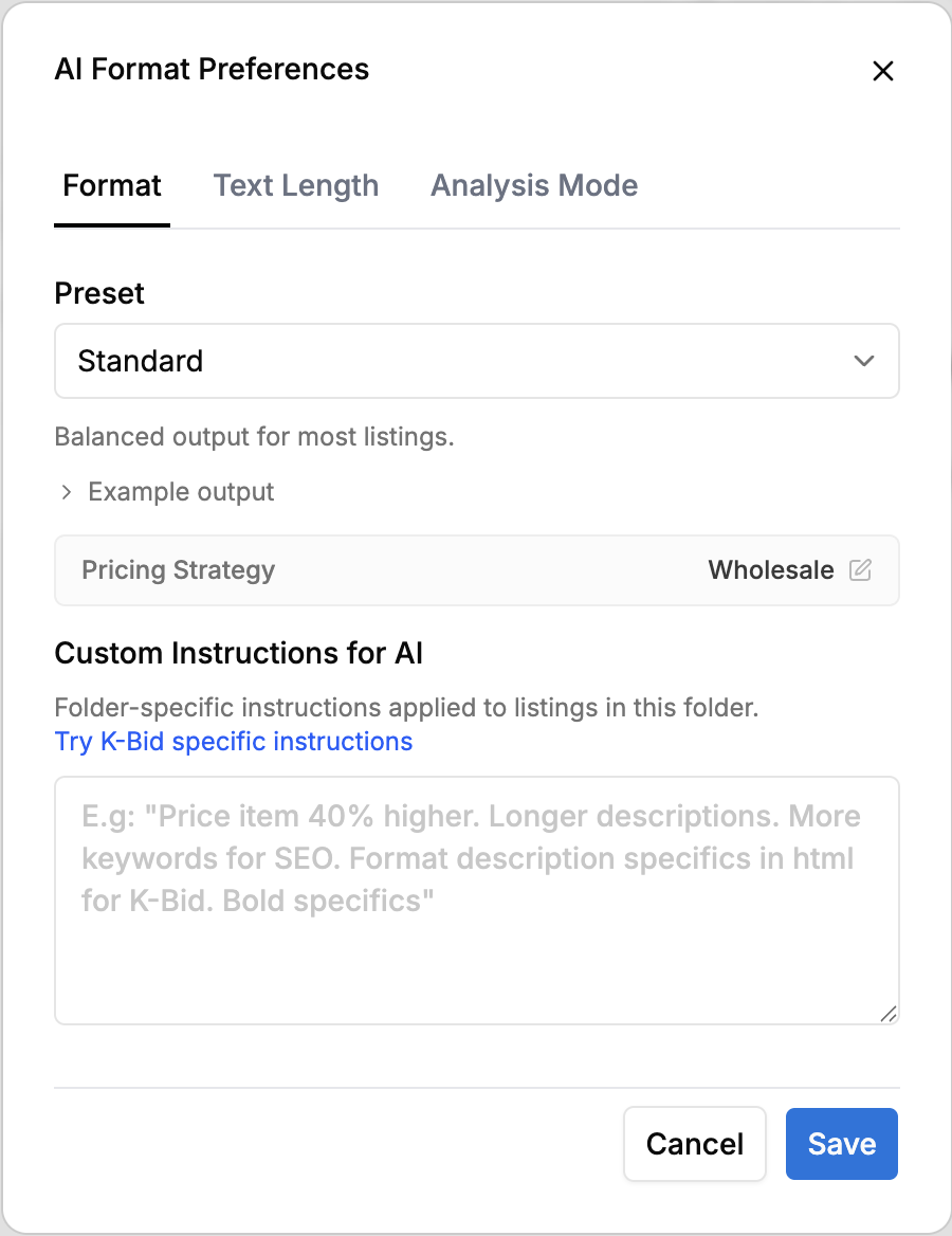 aListEngine AI Format Preferences showing format preset, text length and analysis mode tabs, wholesale pricing strategy, and folder-specific custom instructions