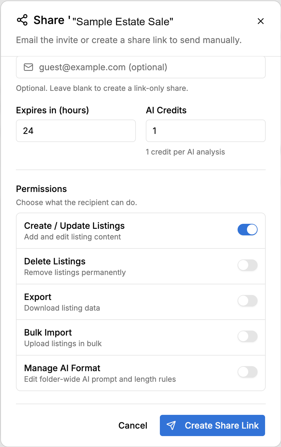aListEngine Share Sample Estate Sale dialog with example guest email, expiry, AI credit allowance, and granular listing permissions
