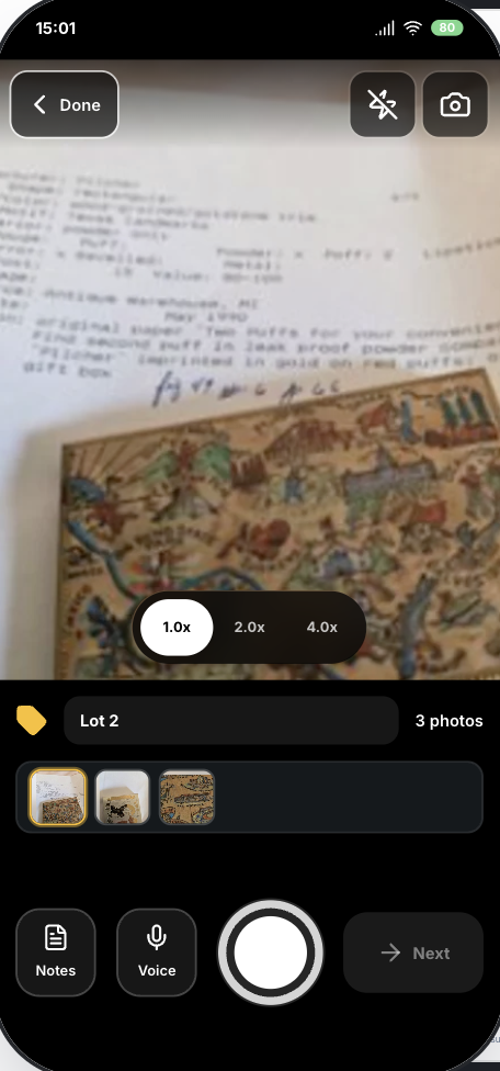 ListEngine mobile capture screen photographing a sample lot during intake