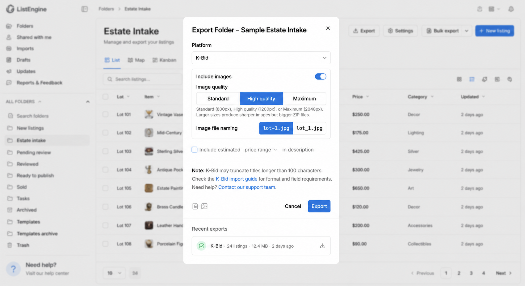 aListEngine platform export dialog preparing sample estate listings for K-Bid