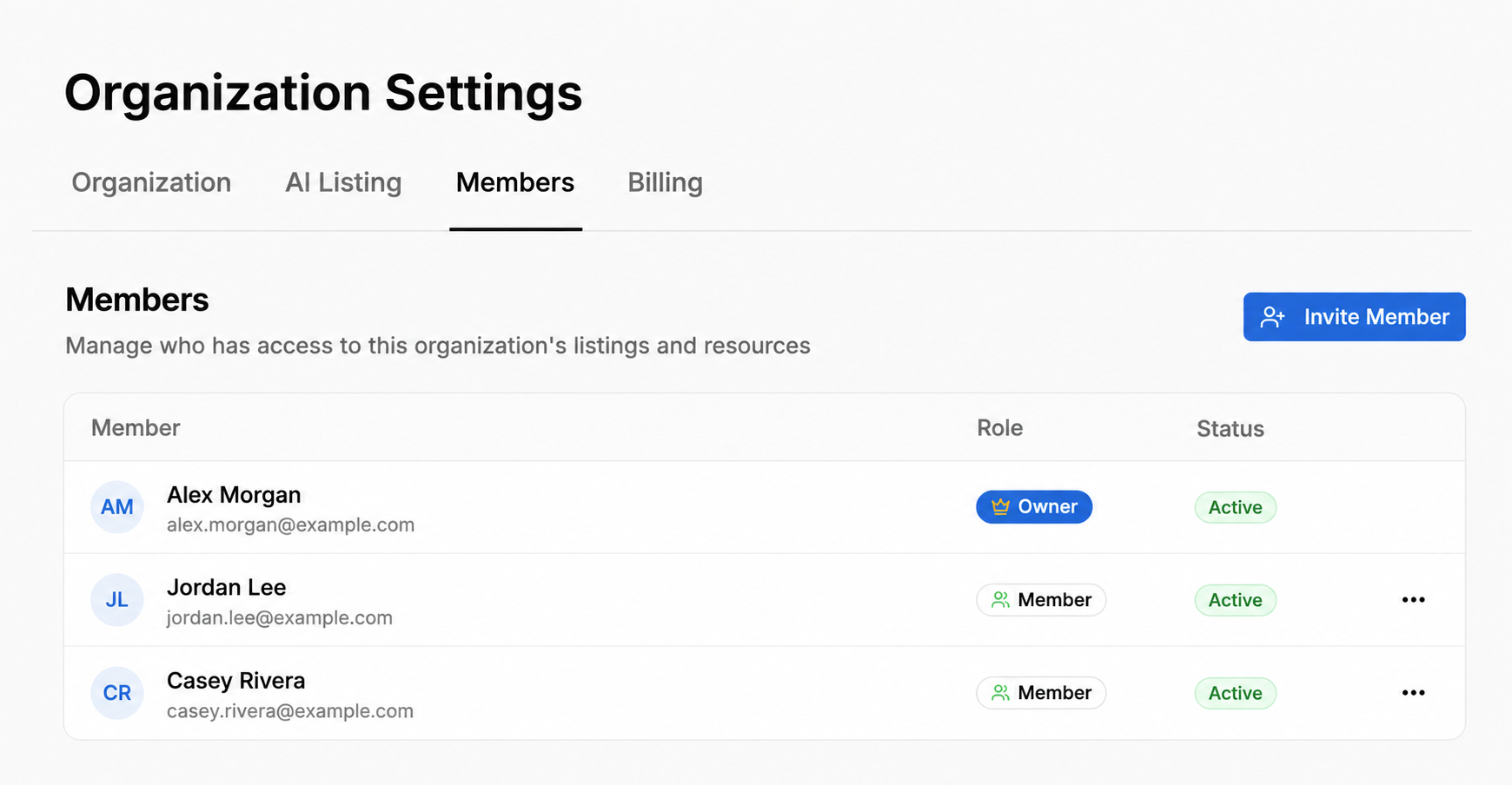 aListEngine Organization Settings Members screen with fictional sample members, Owner and Member roles, and Active statuses